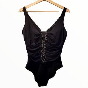 Profile Black One Piece with Brown fringe stretch Bathing suit